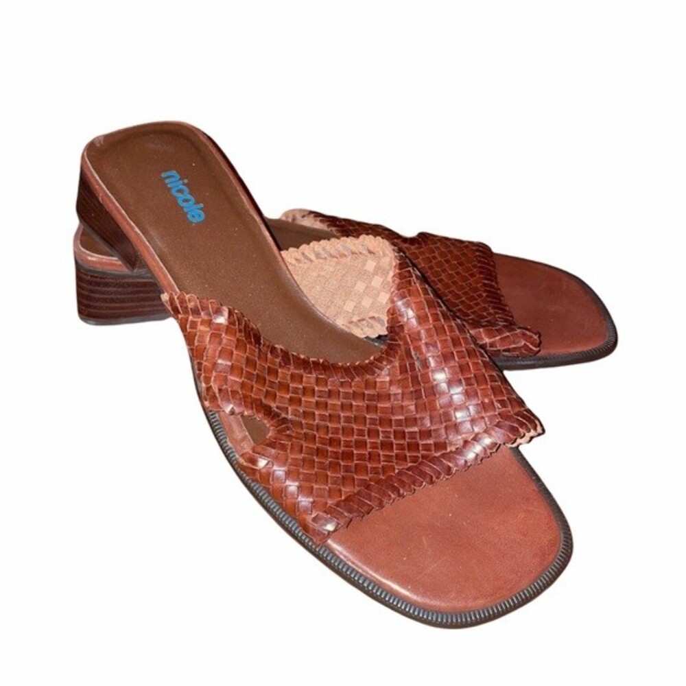 Nicole Leather 90s Vintage Woven Brown Tan Slide Mule Sandal Block Heel 8 Energy